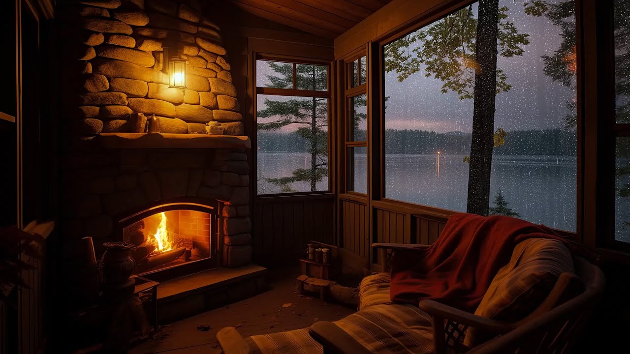 Relaxation while Sitting Cozy Cabin by The Lake with Rain fall and ...