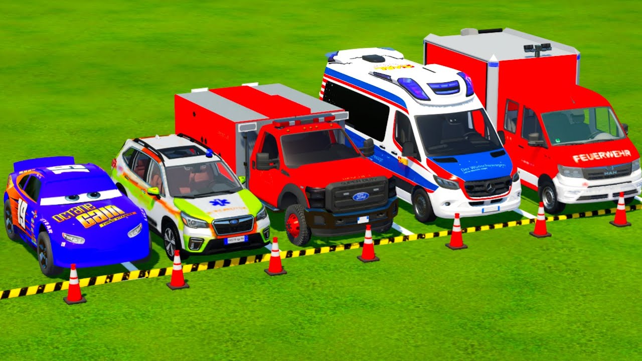 TRANSPORTING PIXAR CARS & FRUITS WITH COLORED & JOHN DEERE vs CLAAS vs TRACTORS - BeamNG.drive 