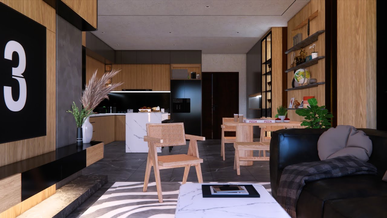 Cinematic 3D Apartment Render – Living, Dining & Kitchen in One Stunning Scene!