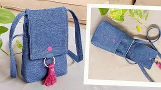 DIY Mini Denim Cell Phone Crossbody Bag with Tassel and 2 Pockets | Old Jeans Idea | Bag Tutorial