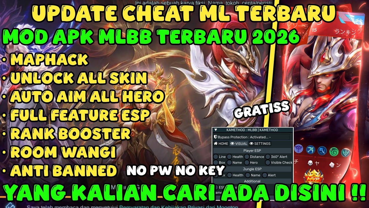 CHEAT ML TERBARU 2026 ANTI BANNED - MOD MENU MAP HACK MOBILE LEGENDS UNLOCK ALL SKIN GRATIS