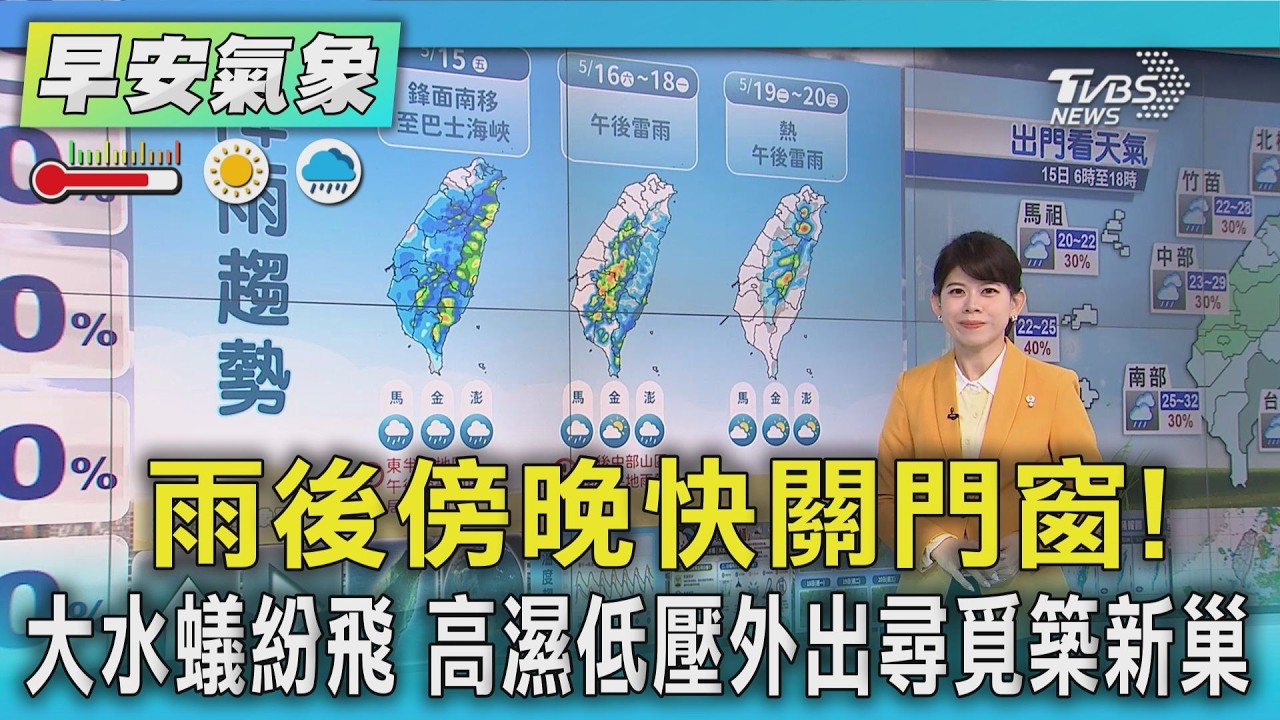 天氣/  雨後傍晚快關門窗!大水蟻紛飛 高濕低壓外出尋覓築新巢｜氣象主播 謝宜倫｜早安氣象｜TVBS新聞 20260515  @TVBSNEWS01