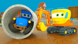 Blue Tractor and Trouble in the Construction Site | Motorville - Car Cartoon for Kids