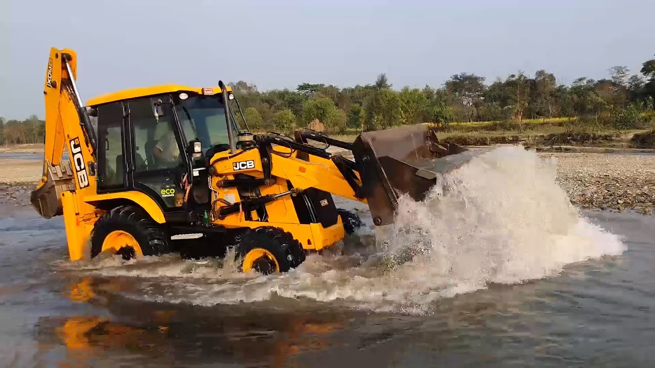 JCB Backhoe Washing in River With Fun JCB Gadi Washing Video YouTube