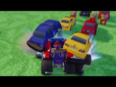 SPIDERMAN Monster Truck Cars SMASH Party Itsy Bitsy Spider Song Nursery Rhymes Fun Action Cartoon