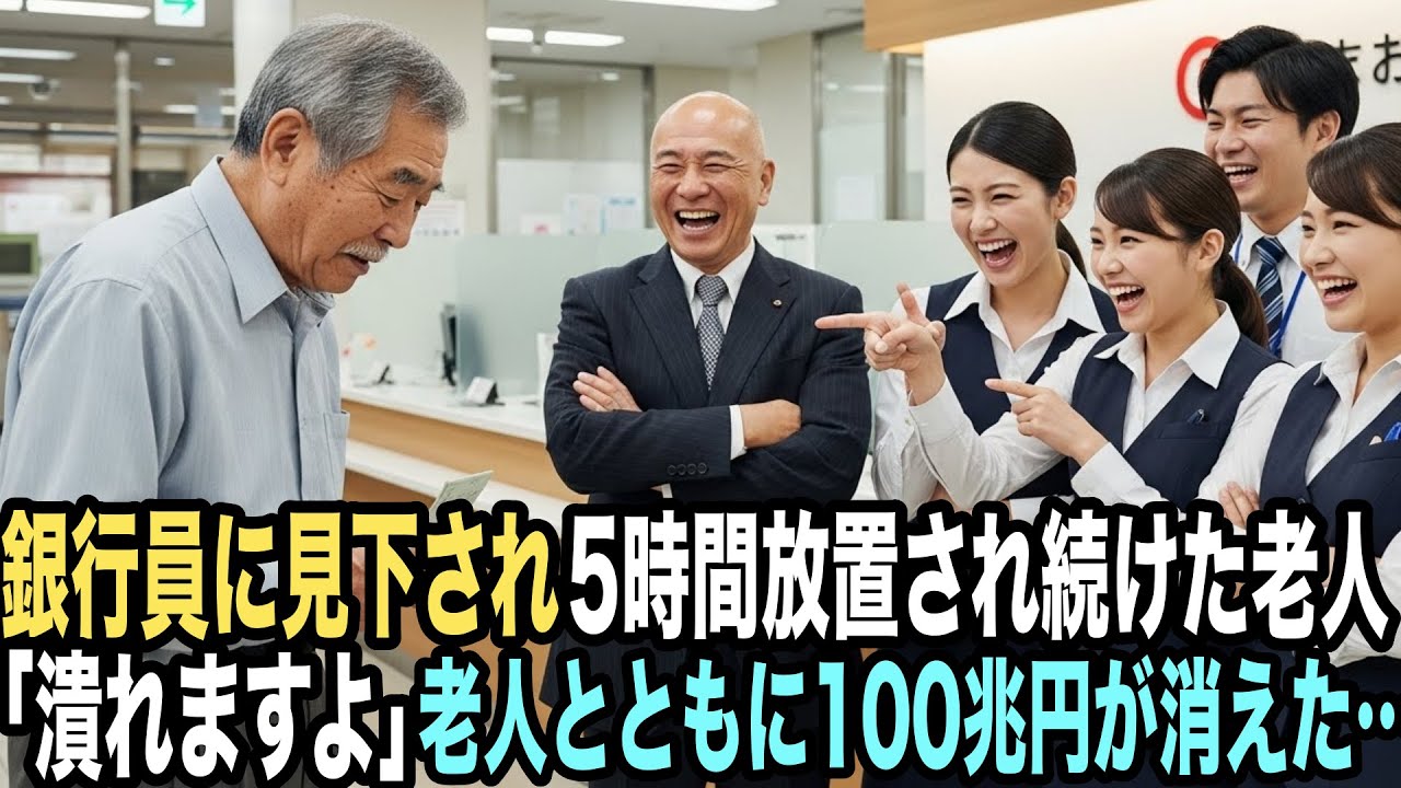「1000万下ろす？見栄を張るなジジイw」銀行員たちに見下され5時間放置された78歳の老人。「潰れますよ」お爺さんが退店すると同時に100兆円が消えた…