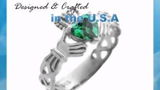 White Gold Claddagh Trinity Band with Emerald Green CZ Heart - Factorydirectjewelry.com