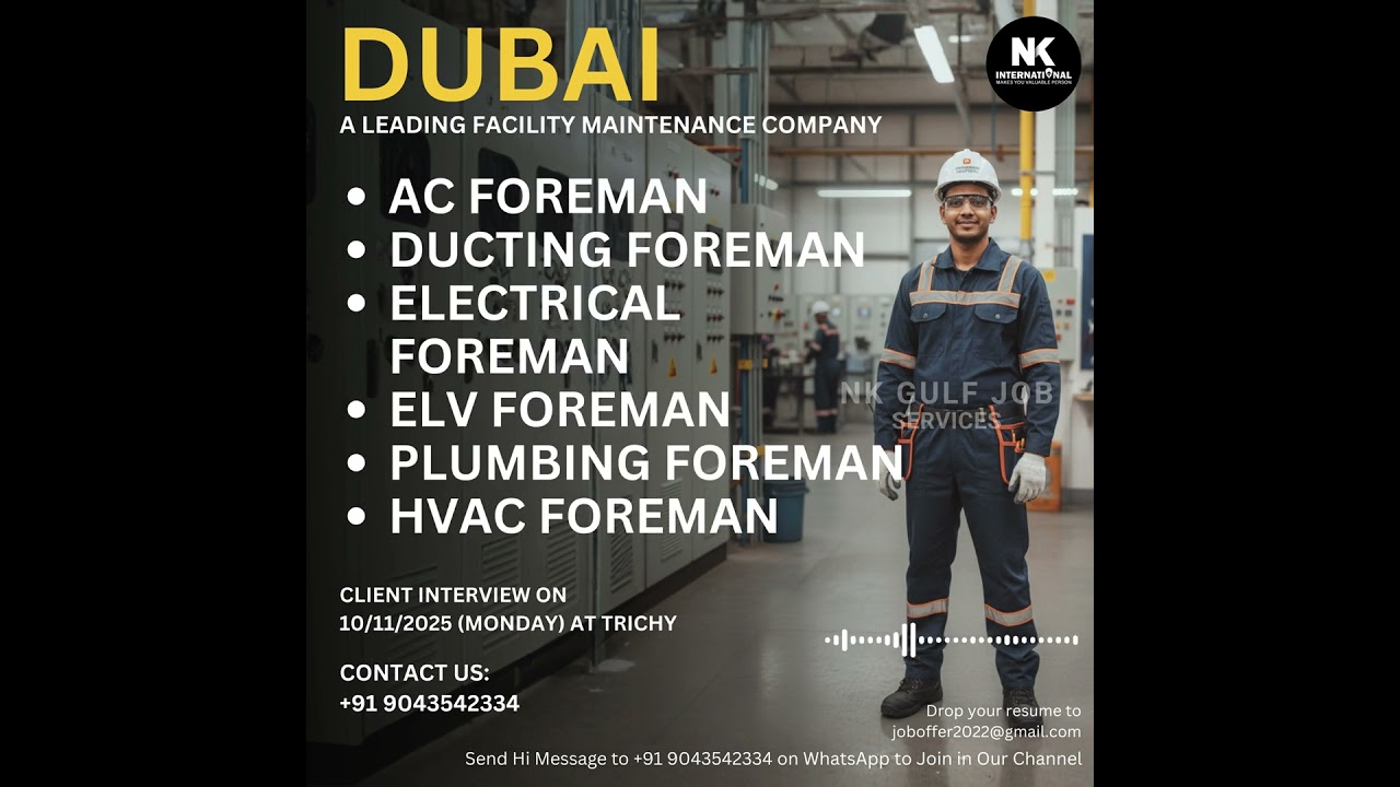Dubai Facility Maintenance Jobs 🇦🇪 | Chargehand & Foreman Vacancies | Interview in Trichy