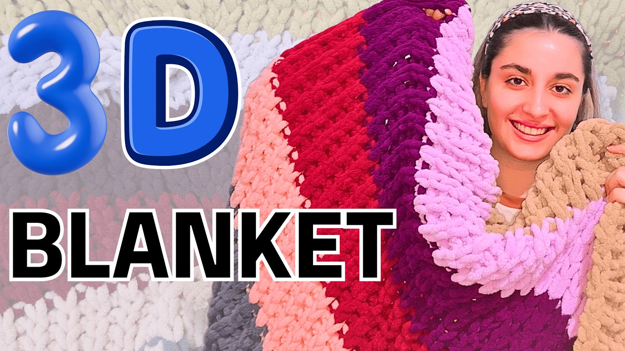 Как связать 3D плед руками без спиц | Alize Puffy Узор