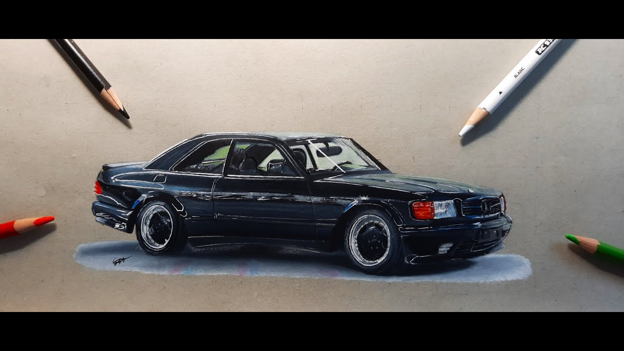 Realistic Car Drawing - Mercedes Benz 560 SEC AMG - YouTube