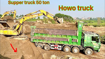 Siêu xe ô tô ben tải hạng nặng Howo và Hoàng Huy chở 60 khối cát cực phê | máy xúc komatsu pc200