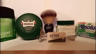 картинка: Зеленое бритьё. MERKUR 23C, ASTRA, KURT, PRORASO, PRORASO, WILKINSON SPORT, ABSOLUT.