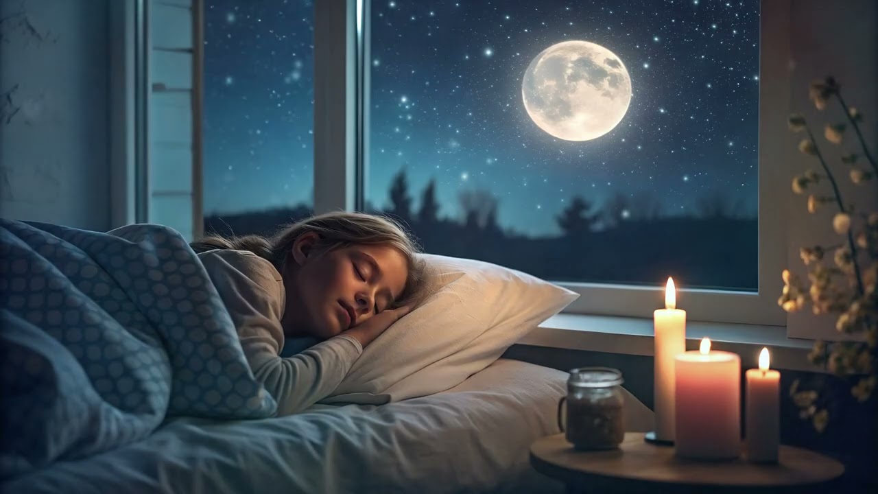 Tranquil Nighttime Scene with Sleeping Child and Moonlight.