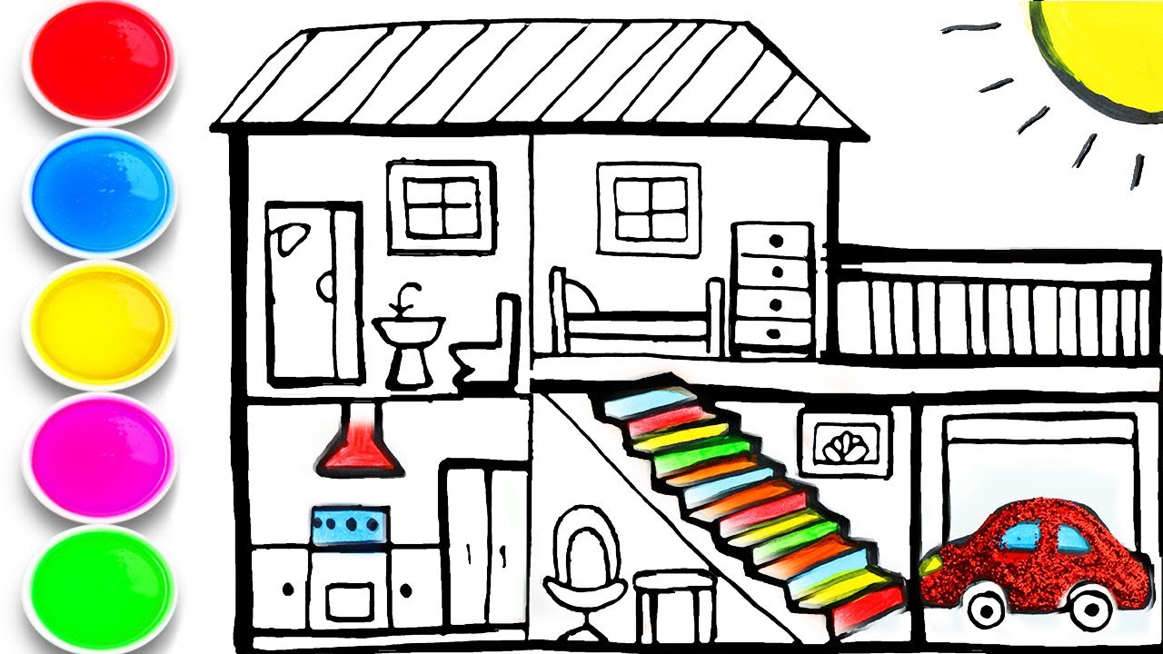 Download Glitter House and Car Garage Drawing and Coloring for Kids ...