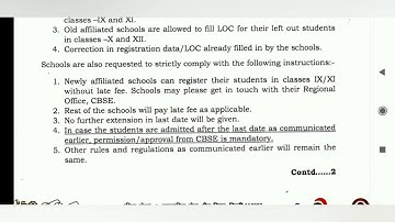 CBSE circular of Registration classes IX/XI and correction in registered students LOC.