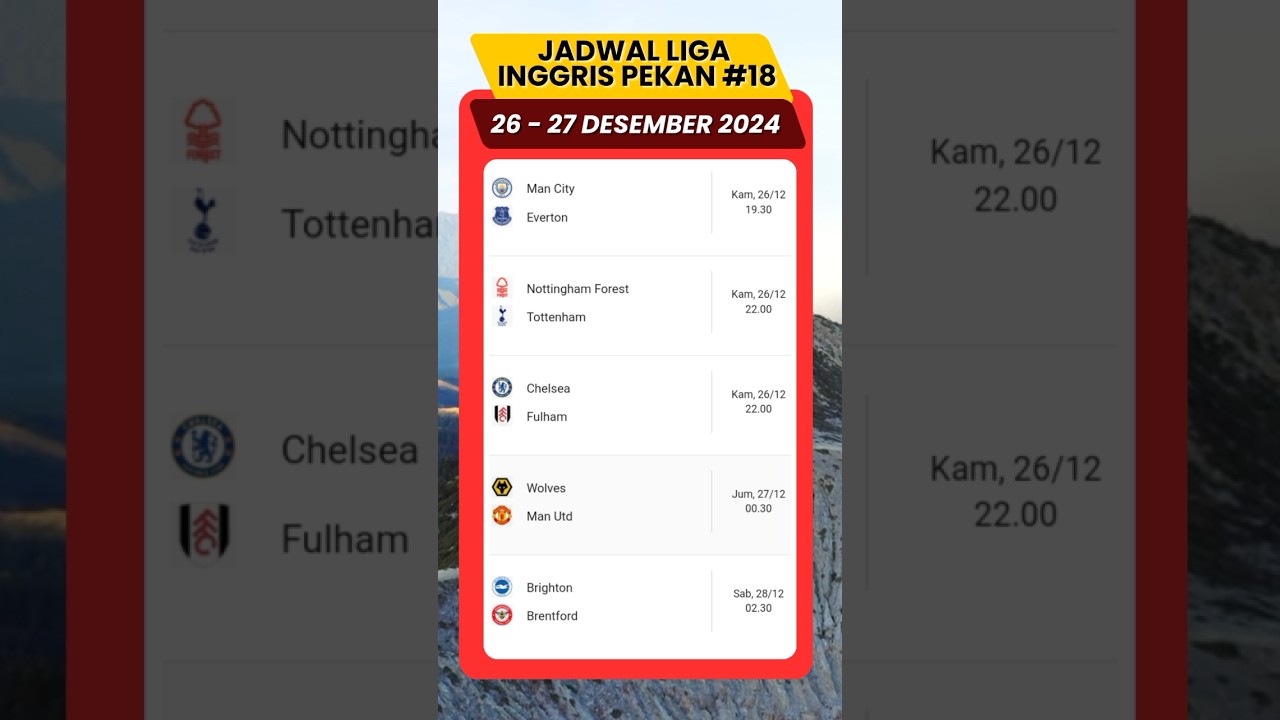 Jadwal liga Inggris pekan 18 
