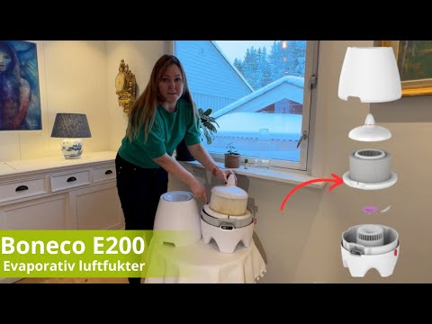 Evaporativ luftfukter Boneco E200. Hvordan virker den? Hvordan ser den ut innvendig? Design og stil.