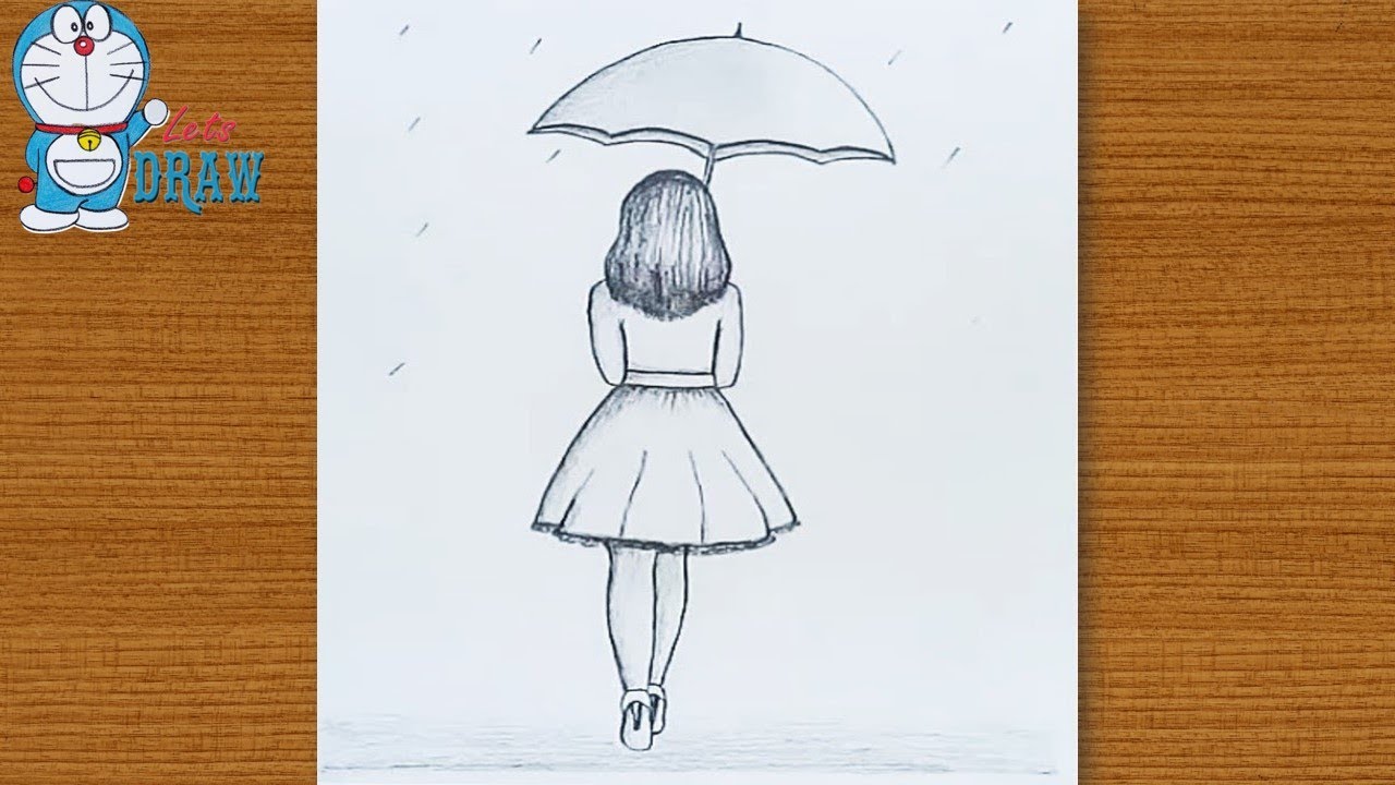 How to draw a girl with umbrella rain pencil sketch step by step ...