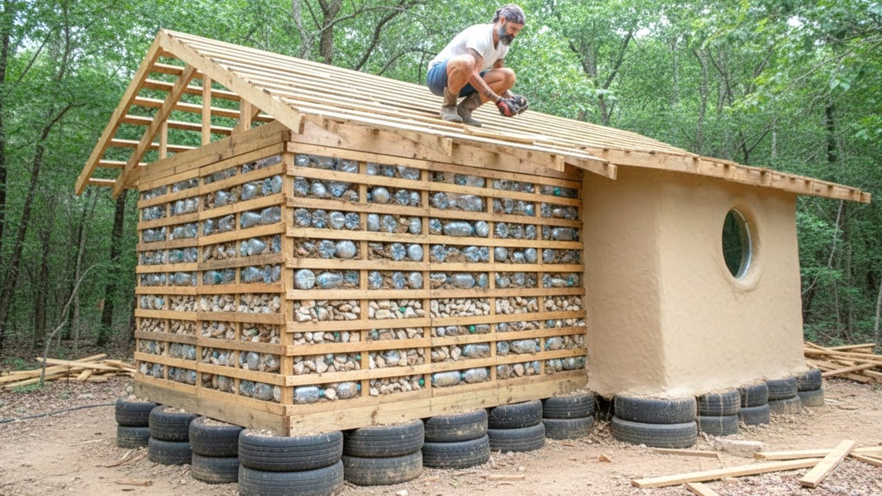 Мужчина строит дом из поддонов, колес и мусора | От начала до конца от @MichaelValentino