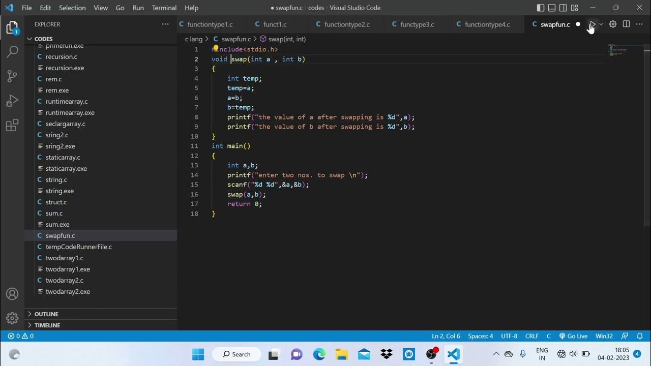 swapping two numbers using Functions in C || C programming || Functions ...