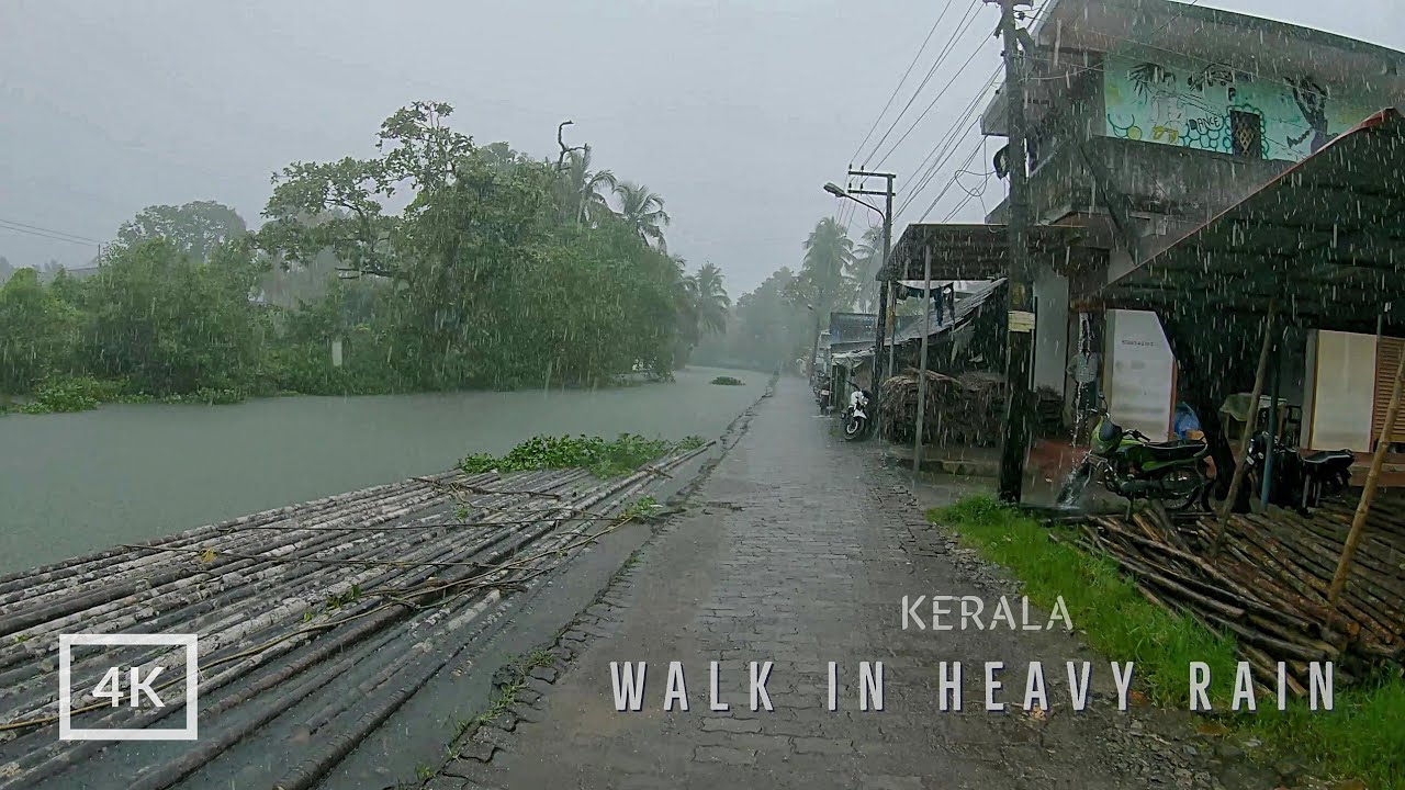 Walking in heavy rain downpour in November in Kochi , Kerala | Binaural rain sound for sleep