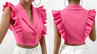 How To Make A Shawl Collar Jacket With Ruffles // Detailed Cutting and Stitching