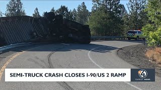 Rolled over semi-truck blocking the ramp from I-90 to SR-2