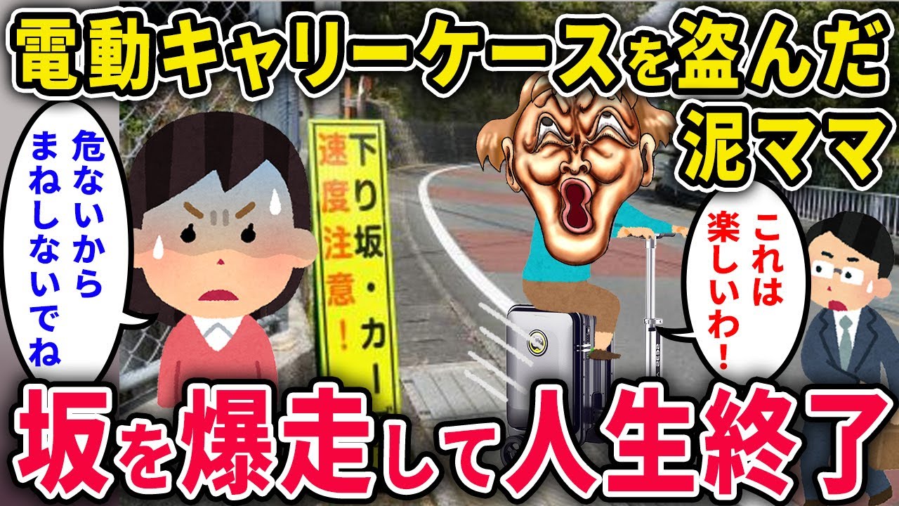 【泥ママ】電動キャリーケースを盗んだ泥ママ→坂道を爆走した結果、人生終了…w【2chスカっと・ゆっくり解説】