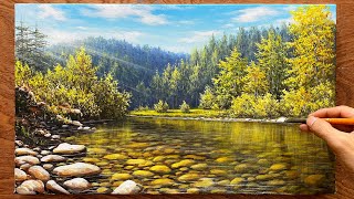 Techniques for painting transparent stream water / Stream and forest landscapes / Acrylic painting.
