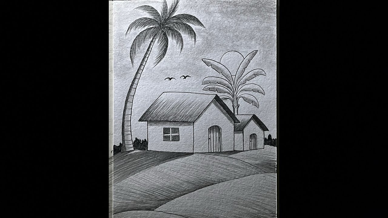 Beautiful sunset scenery drawing with pencil sketch 