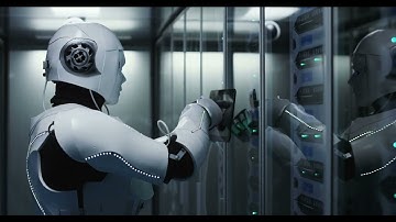 medium shot of a humanoid robot checking servers in a data center while holding a t SBV 330424083 HD