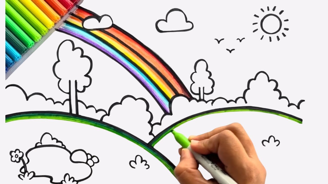 ලේසියෙන් අඳින්න පුළුවන් ලස්සන චිත්‍රයක් අඳිමු - easy drawing for kids-beautiful landscape drawing