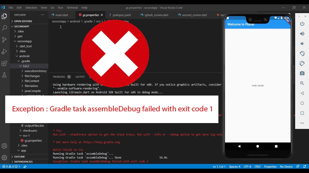 Build failed with error code 1. Exit code -1. ASSEMBLEDEBUG'... Running gradle task ASSEMBLEDEBUG бесконечно. Flutter Error Screen.