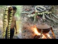 Under Raining, Survival Wilderness Find & Catch n Snake with Cooking Snake soups Eating Delicious