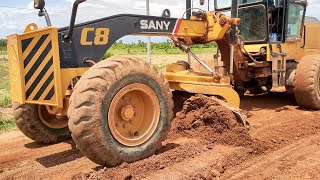 Sany Motor Grader Spreading Mountain Gravel Build New Road Construction | Technique Operator Grader