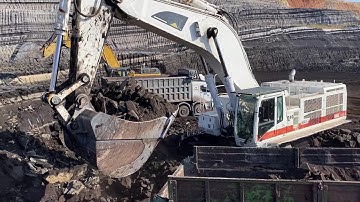 Two Caterpillar 385C & 365C Excavators Load Coal At Massive Mining Site In Perfect Syn - Interkat SA