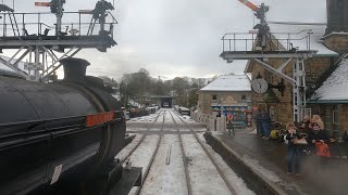 NYMR  Journey through snow from Grosmont to Goathland and Fen Bog on Schools Class No. 926 Repton