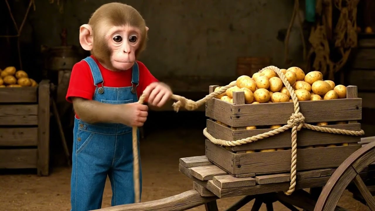 Monkey Harvests Potatoes and Pulls the Cart Back to the Warehouse