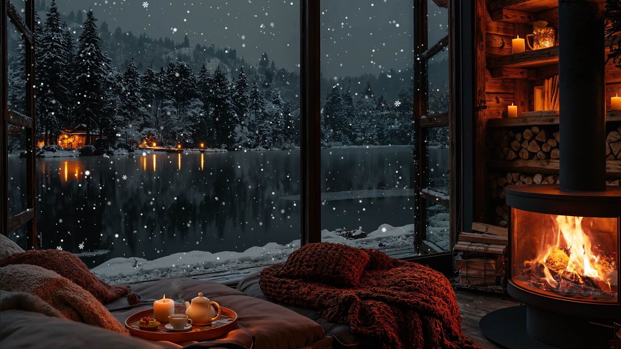 Slow Piano by a Snowy Lakeside Cabin | Crackling Fire & Candlelight for Deep Relaxation