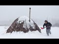 Hot tent winter storm camping  50cm of snow bereg up5  fireplace wood stove