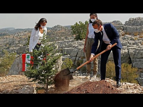 شاهد الرئيس الفرنسي يزرع شجرة أرز في محمية أرز جاج في شمال بيروت