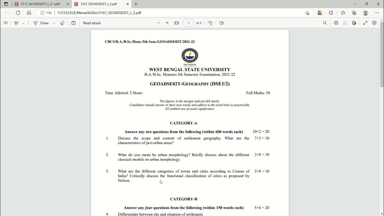 SEMESTERIV GEOADSE02T SETTLEMENT GEOGRAPHY 2022 QUESTION PAPER