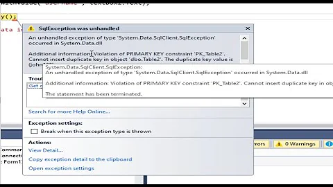 Programming in C#  Insert data into sql Database and fix an error Violation of PRIMARY KEY with code