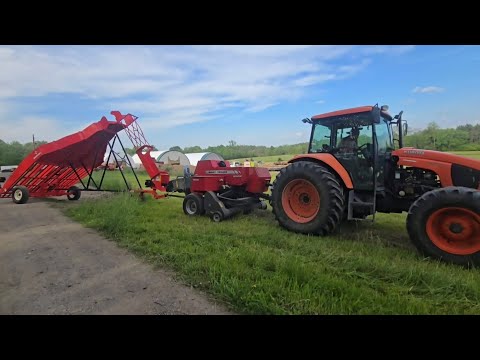 Baling 2026 First Cutting Hay Massey Ferguson 1840 - 18 Bale Norden Accumulator - Kubota M6s-111
