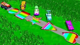 Giant Geometry Rainbow Pits Vs Huge \& Tiny PIXAR Cars - BeamNG Drive! Compilation Part 3
