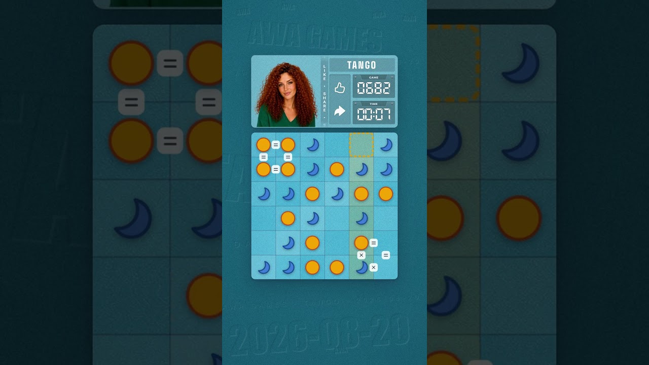 LinkedIn Tango #682 solved board for August 20, 2026, 6x6 grid