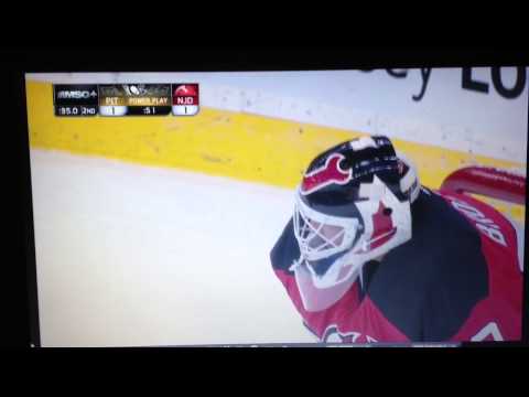 Marc-Andre Fleury almost scores on Martin Brodeur