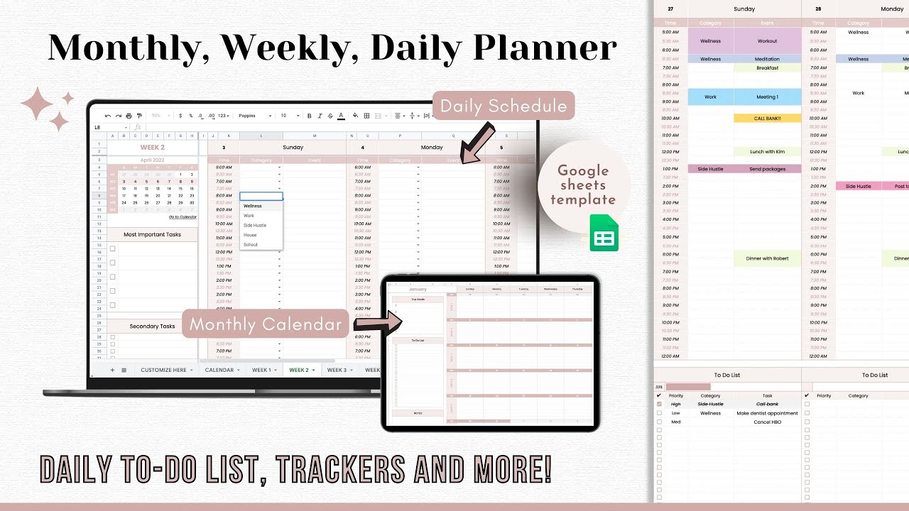 Weekly Planner Google Sheets Template - Monthly Calendar - Daily Schedule  Spreadsheet - Youtube