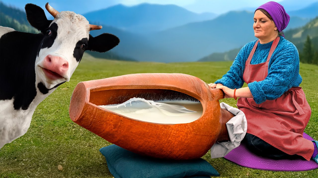 صنع الزبدة في جرة فخارية كبيرة على الطريقة القديمة