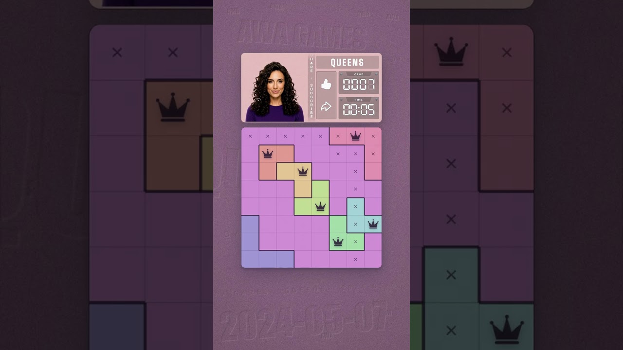 LinkedIn Queens #7 solved board for May 7, 2024, 8x8 grid